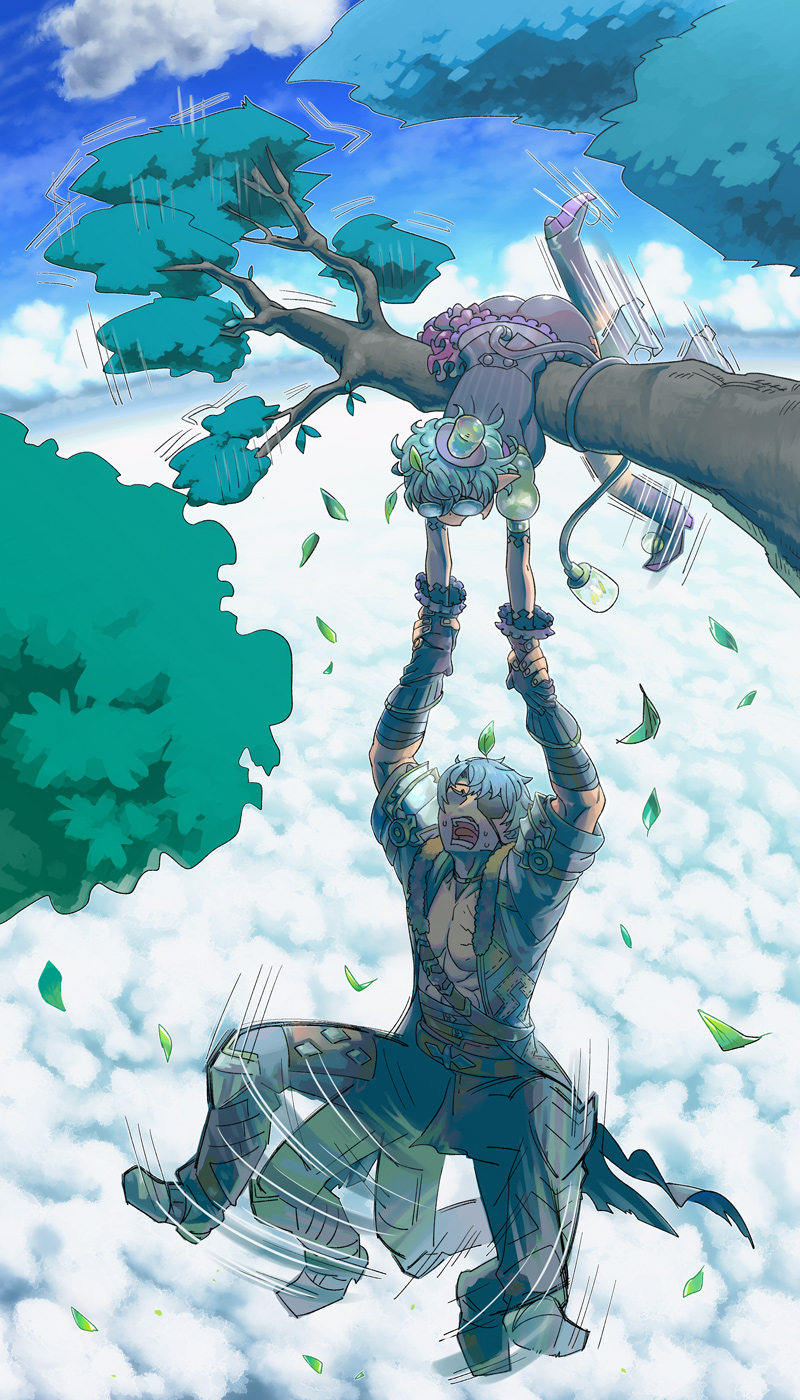 1boy 1girl above_clouds eyepatch green_hair grey_hair highres natto_soup saika_(xenoblade) short_hair xenoblade_(series) xenoblade_2 zeke_b_arutimetto_genbu