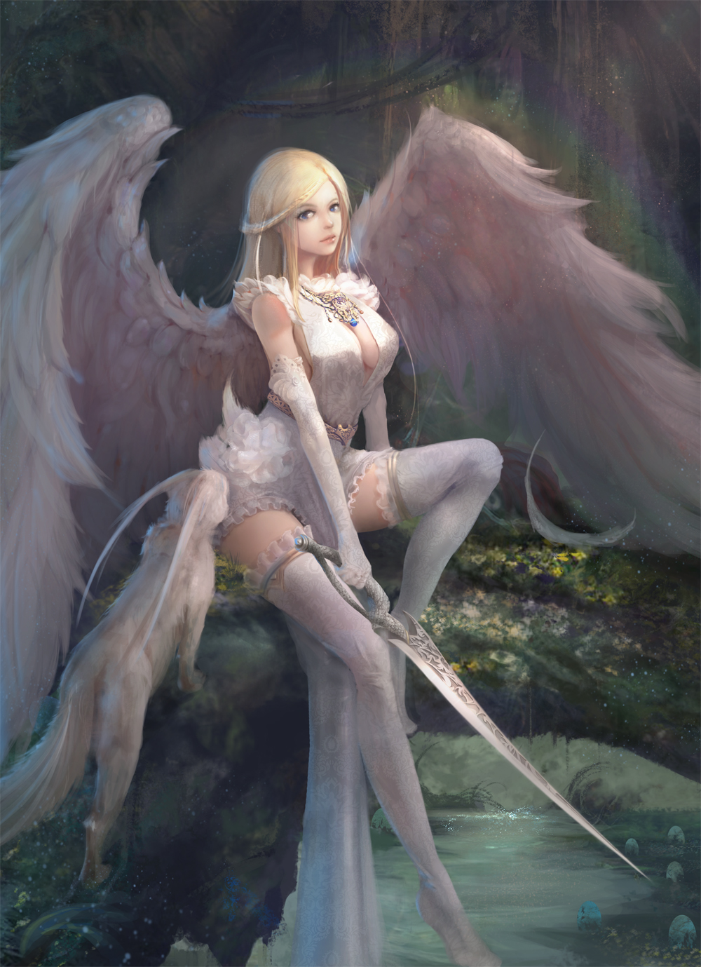 1girl angel angel_wings blonde_hair breasts collar dress highres large_breasts lips long_hair mascot original sword very_long_hair water weapon white_legwear wings yueyue