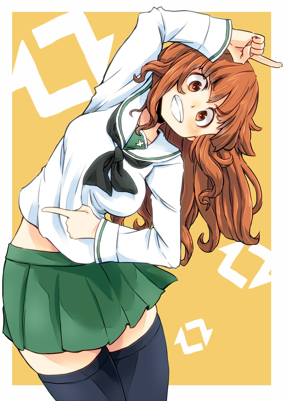 1girl aono3 bangs black_neckwear blouse blunt_bangs commentary cowboy_shot girls_und_panzer green_skirt grin highres leaning_to_the_side long_hair long_sleeves looking_at_viewer midriff miniskirt neckerchief ooarai_school_uniform orange_background orange_eyes orange_hair outside_border pleated_skirt pointing school_uniform serafuku skirt smile solo standing takebe_saori thigh-highs white_blouse