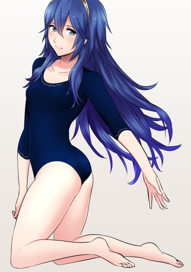 1girl ameno_(a_meno0) bangs bare_legs barefoot blue_eyes blue_hair blush breasts closed_mouth clothing_request collarbone fire_emblem fire_emblem_awakening grey_background hair_between_eyes hair_spread_out legs long_hair looking_at_viewer lucina lucina_(fire_emblem) shiny shiny_hair sidelocks simple_background small_breasts soles solo tiara