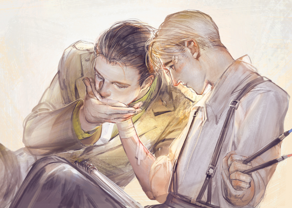 2boys brown_hair casual hair_slicked_back hand_kiss james_buchanan_barnes kiss liduke male_focus marvel multiple_boys paintbrush short_hair steve_rogers suspenders younger