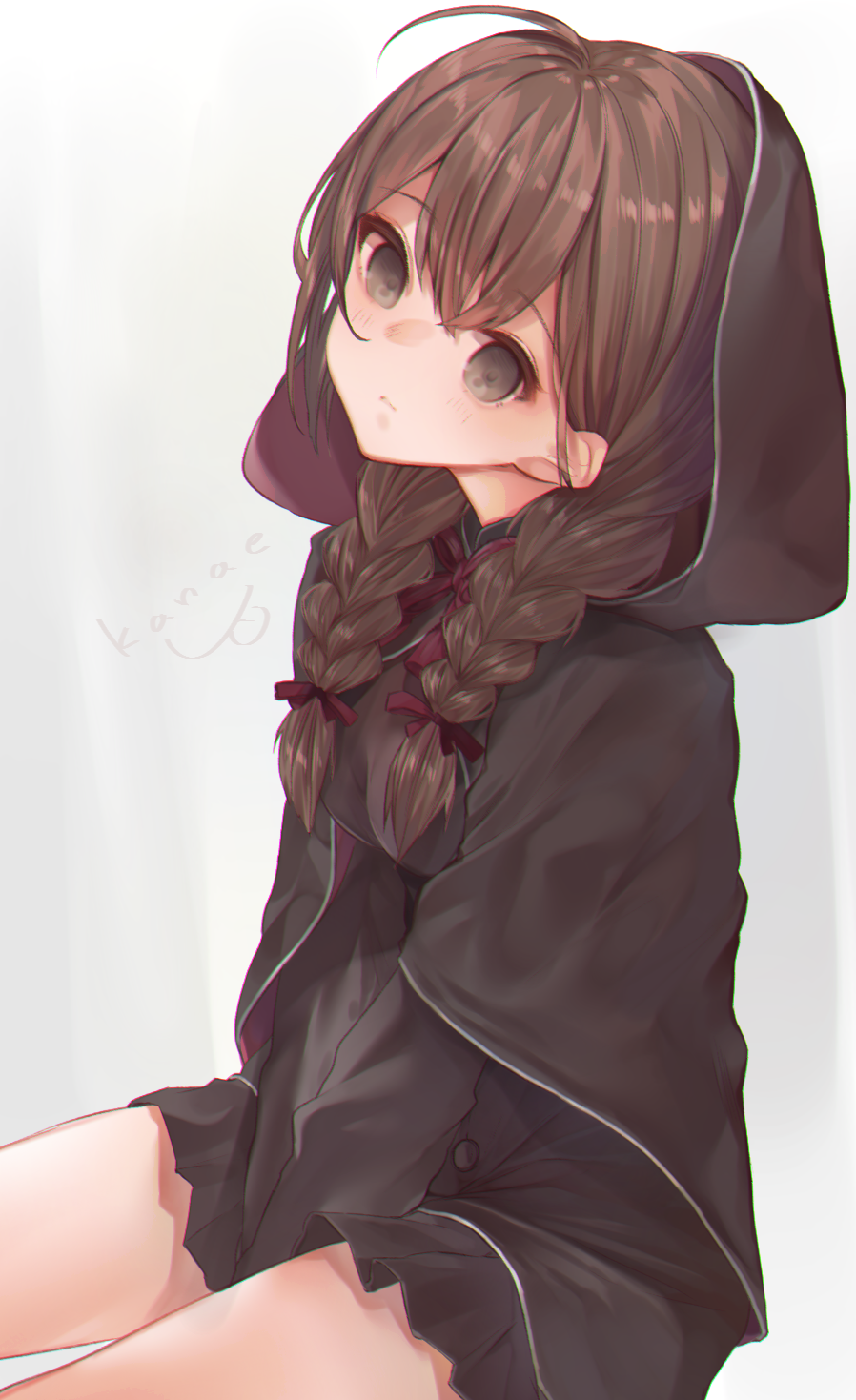 1girl black_capelet black_dress braid brown_eyes brown_hair capelet cowboy_shot dress highres hood hooded_capelet inorin05kanae kantai_collection long_hair long_sleeves pleated_dress red_ribbon ribbon shinshuu_maru_(kantai_collection) simple_background sitting solo twin_braids white_background