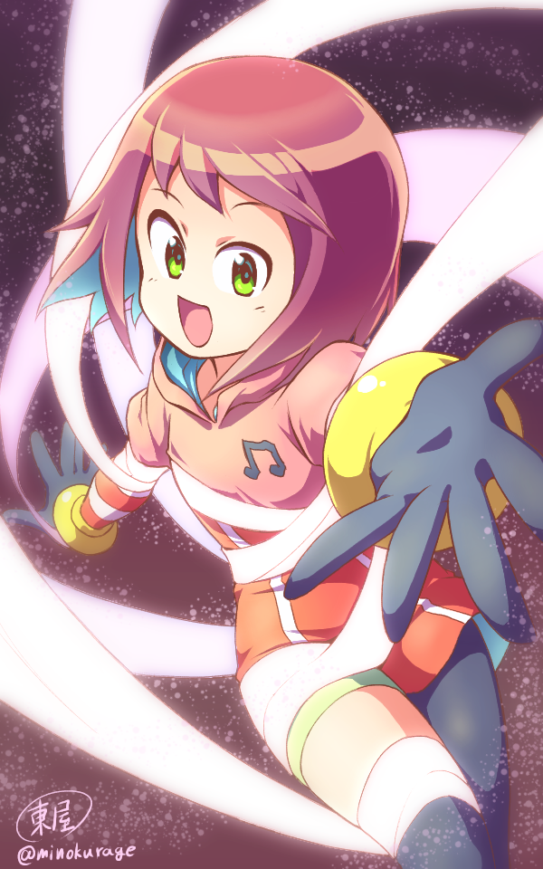 1girl :d capcom gloves green_eyes harp_note hibiki_misora hood hoodie looking_at_viewer minokurage musical_note open_mouth purple_hair reaching_out rockman ryuusei_no_rockman short_hair signature smile solo transforming_clothes twitter_username