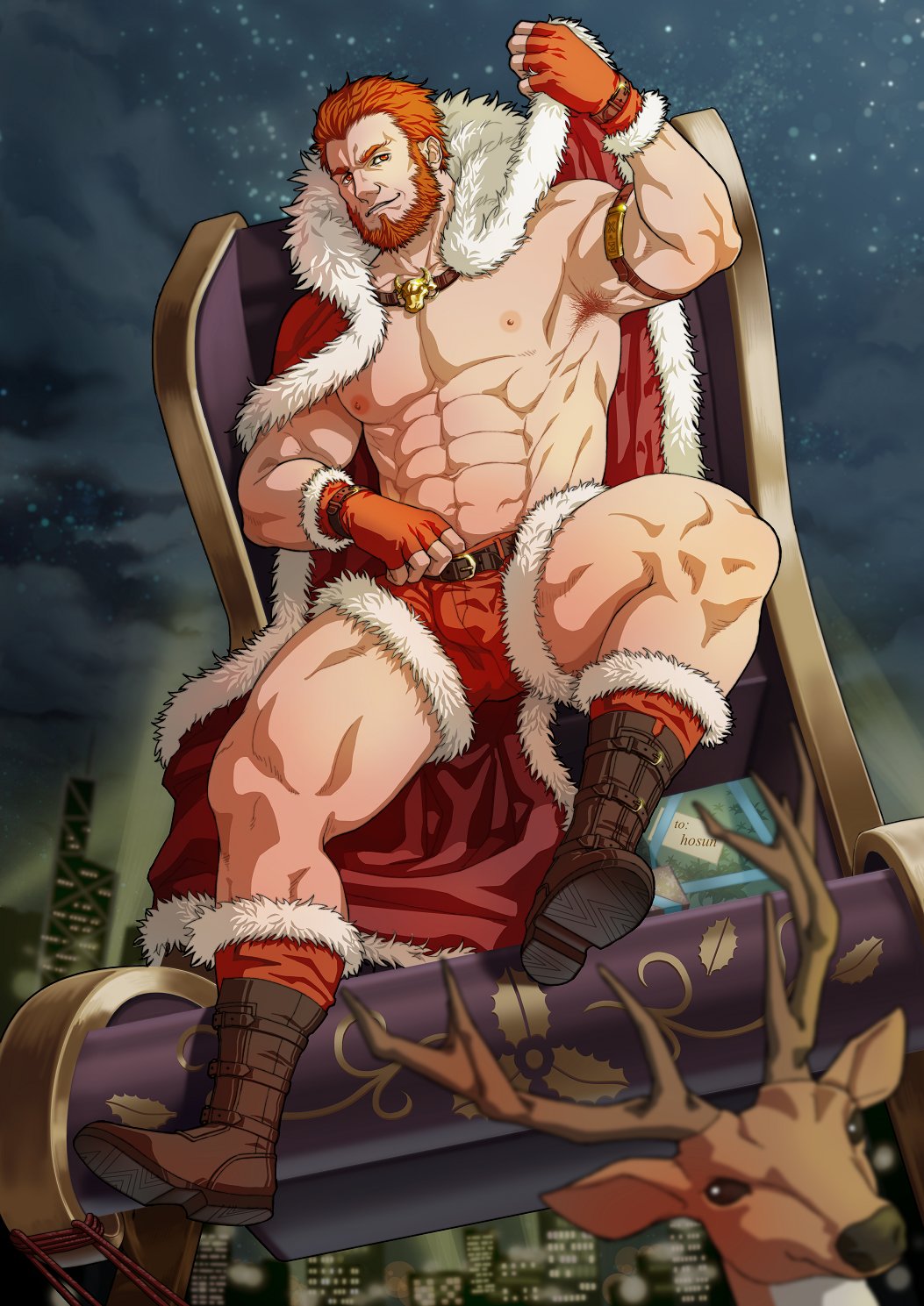 1boy abs alternate_costume bara beard belt body_hair boots cape chest facial_hair fate/grand_order fate/zero fate_(series) highres leather looking_at_viewer male_focus manly muscle nipples pectorals redhead rider_(fate/zero) santa_costume saolin1234 shorts smile solo thighs