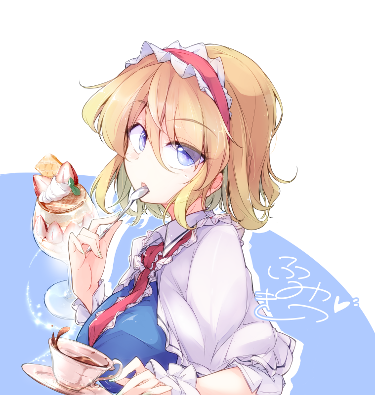 1girl alice_margatroid bangs blonde_hair blue_background blue_dress blue_eyes breasts capelet commentary_request cup cupping_glass dress eyebrows_visible_through_hair food frilled_neckwear frilled_shirt_collar frills fruit fumitsuki_(minaduki_6) hair_between_eyes hairband hand_up holding holding_spoon large_breasts lolita_hairband looking_at_viewer open_mouth parfait red_hairband red_neckwear short_hair sidelocks solo spoon strawberry teacup touhou two-tone_background white_background white_capelet wrist_cuffs