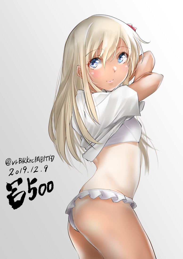 1girl bikini blonde_hair blue_eyes character_name commentary_request cowboy_shot dated flower frilled_bikini frills gradient gradient_background grey_background hair_flower hair_ornament kantai_collection long_hair looking_at_viewer one-piece_tan ro-500_(kantai_collection) shirt smile solo standing swimsuit swimsuit_under_clothes tan tanline tororo_ten undressing white_bikini white_shirt