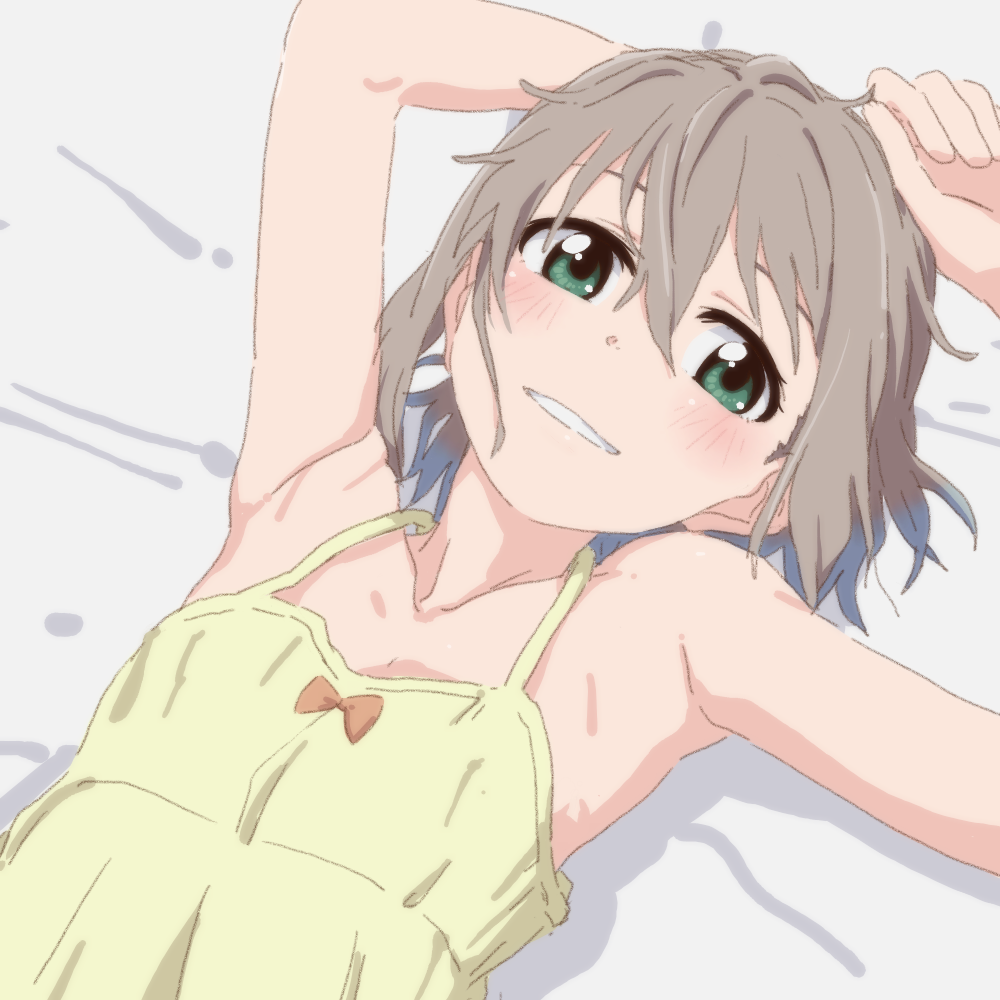 1girl armpits bare_shoulders bed_sheet close-up collarbone commentary_request flat_chest green_eyes grey_hair hair_between_eyes looking_at_viewer lying nightgown on_back short_hair sleeveless smile solo upper_body yama_no_susume yougiri yukimura_aoi