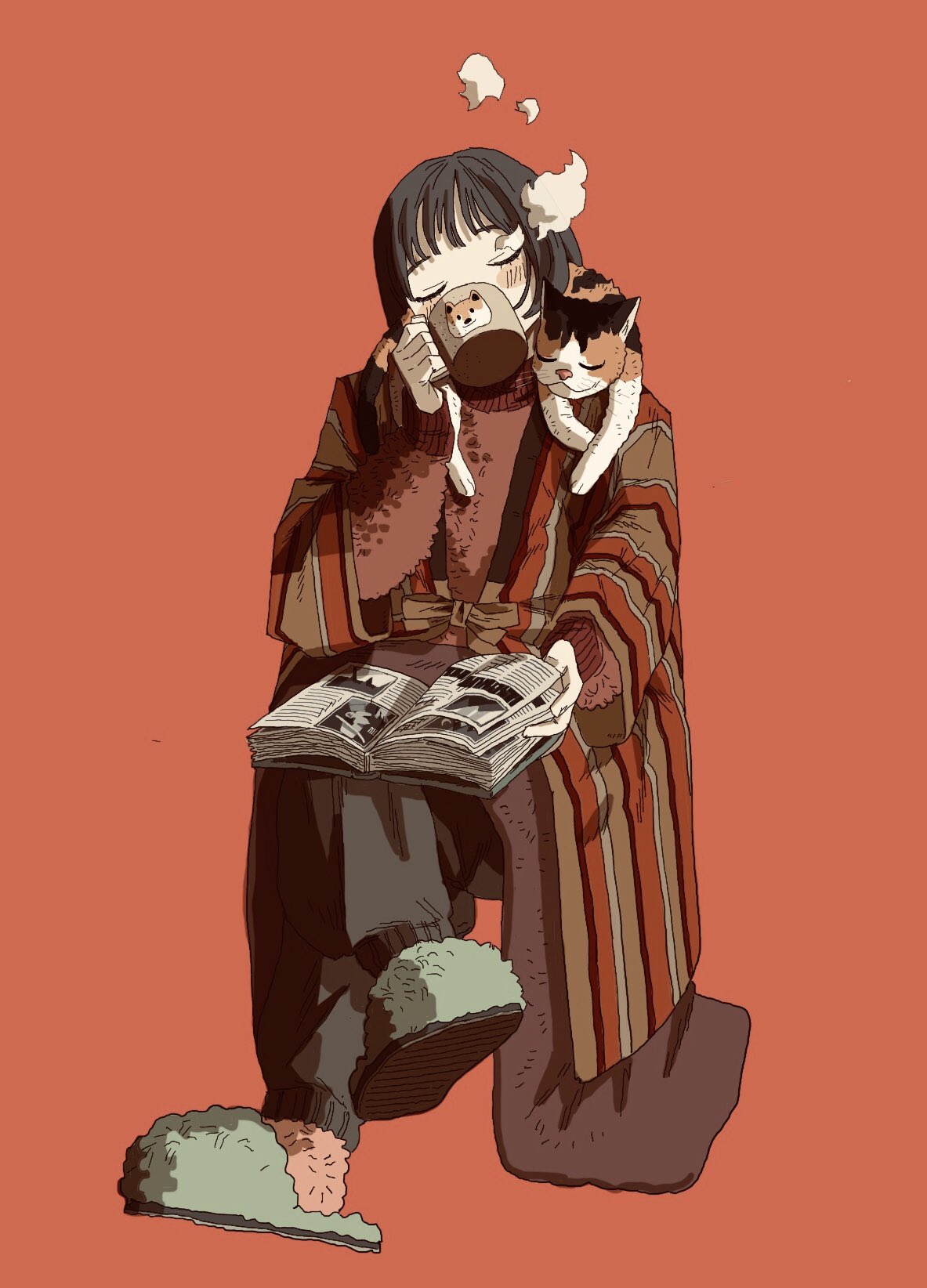 1girl animal animal_on_shoulder bangs black_hair blush book cat cat_on_shoulder closed_eyes drinking full_body highres holding holding_book invisible_chair long_sleeves open_book orange_background original pants simple_background sitting slippers socks solo steam striped sweater wadadadan19