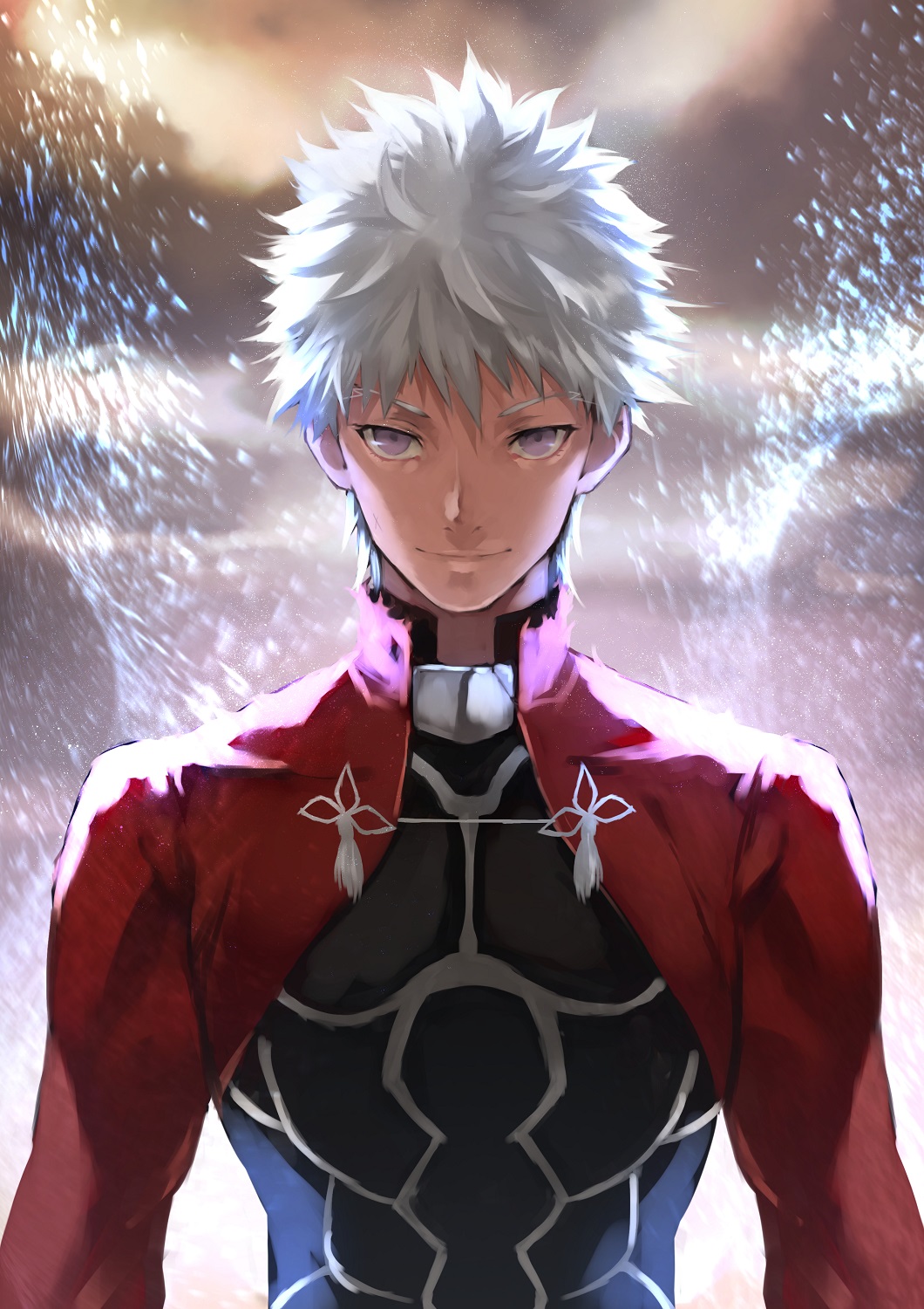 1boy 55level archer brown_sky closed_mouth clouds cloudy_sky dark_skin dark_skinned_male emiya_shirou fate/grand_order fate_(series) highres male_focus outdoors sky smile solo torn_clothes upper_body violet_eyes white_hair