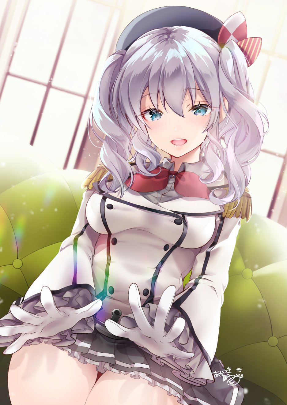 1girl akatsuki_hijiri bangs beret blue_eyes blush breasts couch epaulettes eyebrows_visible_through_hair eyelashes frilled_skirt frills gloves hat highres indoors kantai_collection kashima_(kantai_collection) large_breasts long_hair long_sleeves open_mouth pleated_skirt red_neckwear signature silver_hair sitting skirt solo twintails uniform wavy_hair white_gloves window