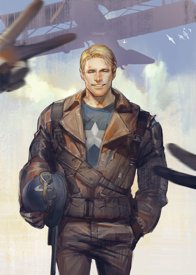 1boy aircraft airplane biplane blonde_hair bunny_ears_prank captain_america cowboy_shot grin hand_in_pocket helmet holding holding_helmet liduke male_focus marvel peace_symbol pilot_uniform smile solo steve_rogers uniform v