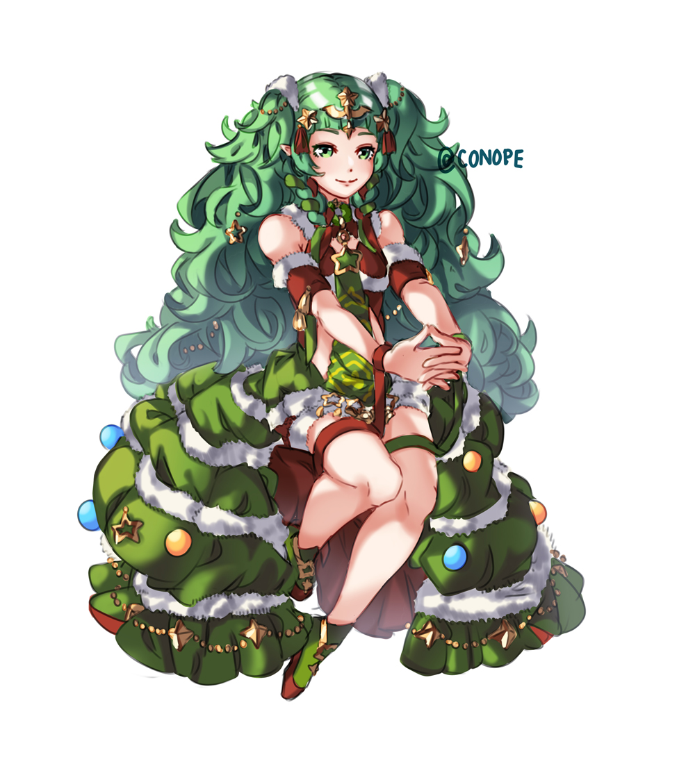 1girl braid christmas_ornaments closed_mouth conope fire_emblem fire_emblem:_three_houses fire_emblem_heroes full_body fur_trim green_eyes green_hair hair_ornament long_hair pointy_ears shoes simple_background smile solo sothis_(fire_emblem) tiara twin_braids twitter_username white_background