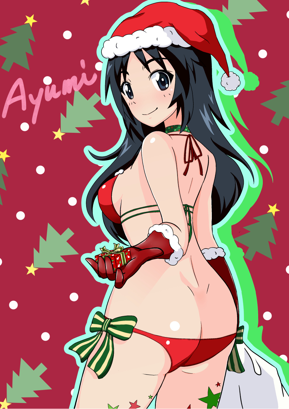 1girl ass bikini black_hair blue_eyes blush breasts butt_crack character_name christmas christmas_ornaments christmas_present closed_mouth girls_und_panzer gloves gogopaint hat highres large_breasts long_hair looking_at_viewer looking_back red_background red_bikini red_gloves ribbon santa_hat shiny shiny_clothes shiny_hair shiny_skin simple_background smile solo standing swimsuit swimwear yamagou_ayumi