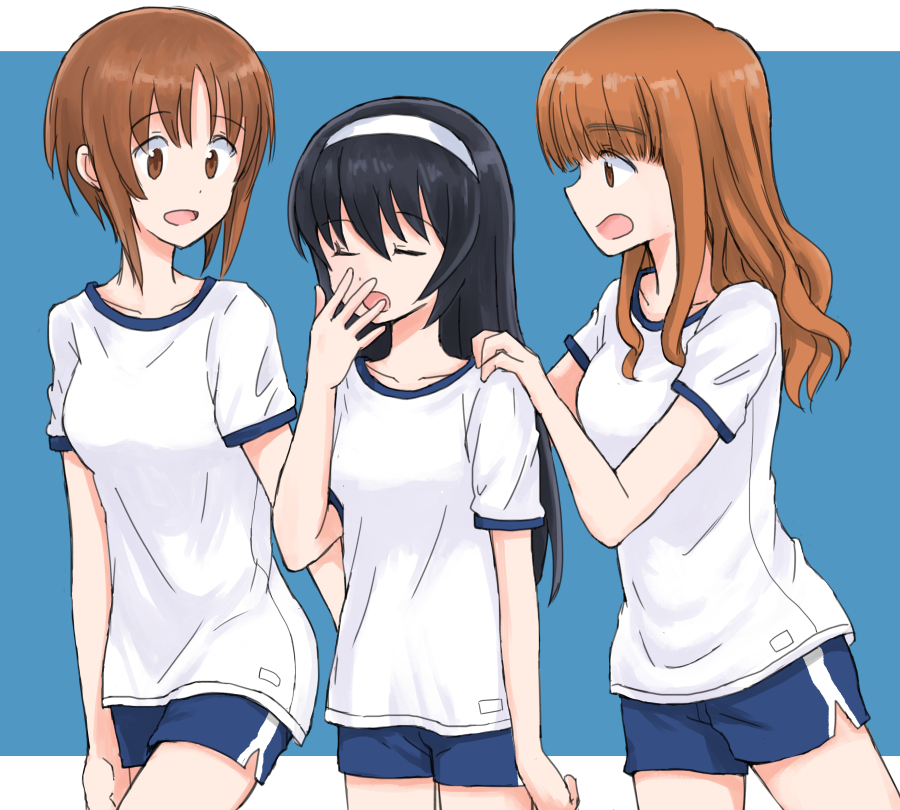 3girls bangs black_hair blue_background blue_shorts blunt_bangs brown_eyes brown_hair closed_eyes commentary eyebrows_visible_through_hair girls_und_panzer gym_shirt gym_shorts gym_uniform hairband hands_on_another's_shoulders long_hair looking_at_another multiple_girls mutsu_(layergreen) nishizumi_miho open_mouth orange_eyes orange_hair pillarboxed reizei_mako shirt short_hair short_sleeves shorts single_vertical_stripe smile standing t-shirt takebe_saori white_hairband yawning