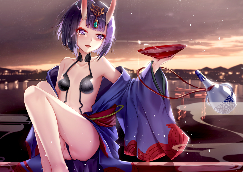 1girl alcohol ass bangs bare_shoulders blush bob_cut bottle breasts collarbone commentary_request cup eyeliner fate/grand_order fate_(series) headpiece horns japanese_clothes kimono knees_up lake long_sleeves looking_to_the_side makeup off_shoulder oni oni_horns open_clothes open_kimono open_mouth purple_hair purple_kimono revealing_clothes revision sakazuki sake short_eyebrows short_hair shuten_douji_(fate/grand_order) sitting small_breasts smile solo thighs torii violet_eyes wide_sleeves yan_(nicknikg)