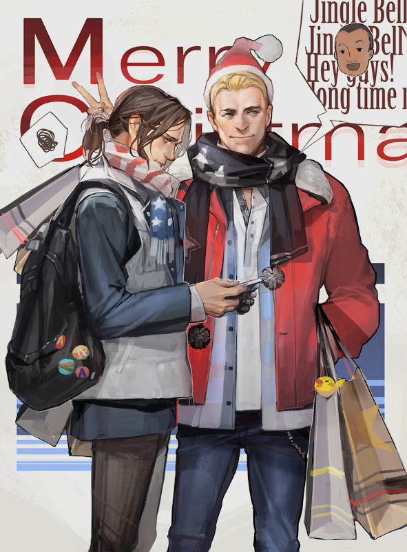 2boys bag bunny_ears_prank casual cellphone christmas hat jacket james_buchanan_barnes liduke male_focus marvel mechanical_arm multiple_boys phone sam_wilson santa_hat scarf shopping_bag smartphone speech_bubble spoken_character spoken_squiggle squiggle steve_rogers