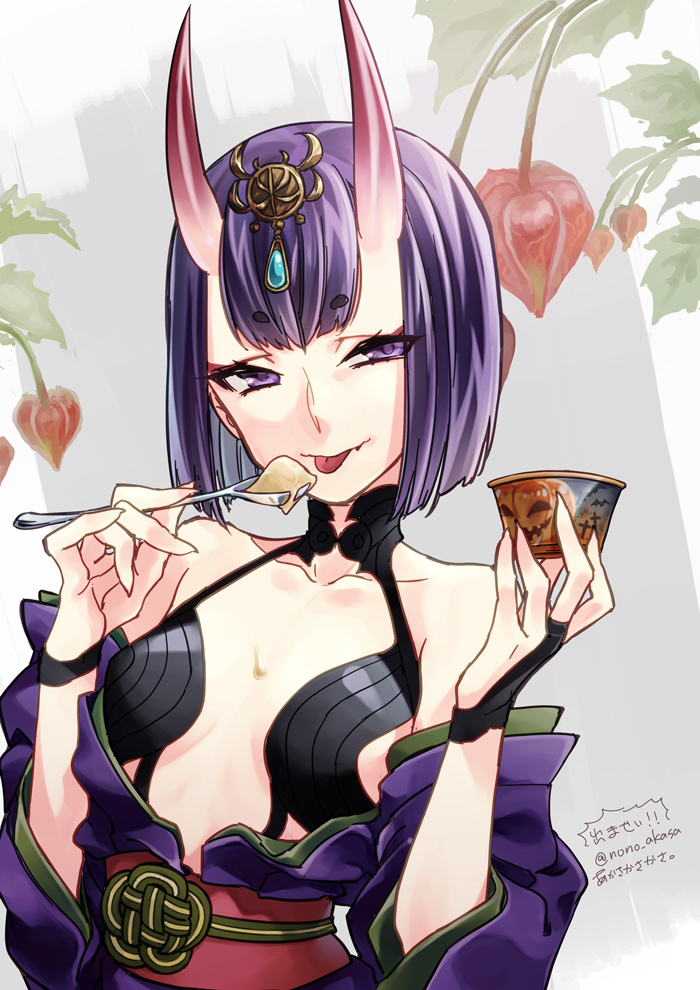 1girl bangs bare_shoulders blush bob_cut breasts bridal_gauntlets closed_mouth collarbone cup eyeliner fate/grand_order fate_(series) food headpiece horns ice_cream japanese_clothes kimono long_sleeves looking_at_viewer makeup nono_akasa obi off_shoulder oni oni_horns purple_hair purple_kimono revealing_clothes sash short_eyebrows short_hair shuten_douji_(fate/grand_order) small_breasts smile solo spoon tongue tongue_out violet_eyes wide_sleeves