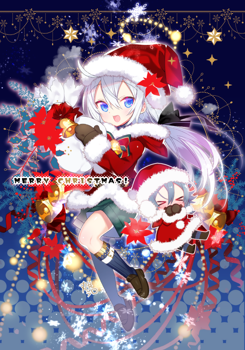 &gt;_&lt; 2boys akemaru bell blue_eyes blue_hair blush chibi chris_(tensei_shitara_party_ga_otokonoko_darake_datta_kedo_danjite_ore_wa_shotacon_janai) christmas full_body hair_between_eyes hat highres homes_(tensei_shitara_party_ga_otokonoko_darake_datta_kedo_danjite_ore_wa_shotacon_janai) loafers long_hair looking_at_viewer male_focus merry_christmas miniboy mittens multiple_boys open_mouth otoko_no_ko sack santa_costume santa_hat shoes shorts silver_hair smile tensei_shitara_party_ga_otokonoko_darake_datta_kedo_danjite_ore_wa_shotacon_janai