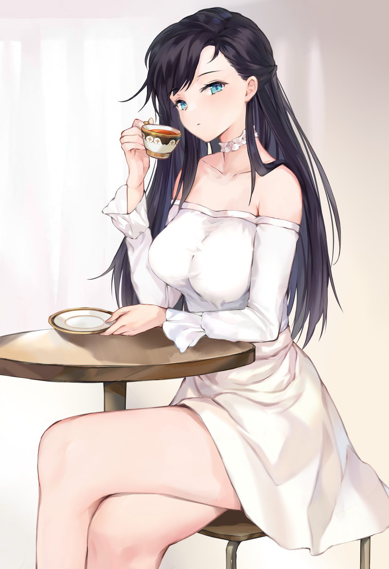 1girl aimee_(emi) bangs bare_legs bare_shoulders black_hair blue_eyes breasts chair collarbone commentary_request crossed_legs cup dress eyebrows_visible_through_hair holding holding_cup long_hair long_sleeves looking_at_viewer off-shoulder_dress off_shoulder original revision saucer sitting solo table tea teacup white_dress