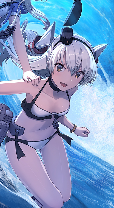 2girls amatsukaze_(kantai_collection) bikini chain commentary_request hair_tubes hat kantai_collection long_hair looking_at_viewer mini_hat multiple_girls official_art open_mouth shizuma_yoshinori side-tie_bikini silver_hair smokestack_hair_ornament solo_focus swimsuit two_side_up water waving white_bikini windsock