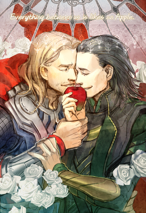 2boys apple armor black_hair blonde_hair cape closed_eyes facial_hair flower food fruit hair_slicked_back liduke loki_(marvel) marvel mjolnir multiple_boys rose smile stubble thor_(marvel) white_flower white_rose