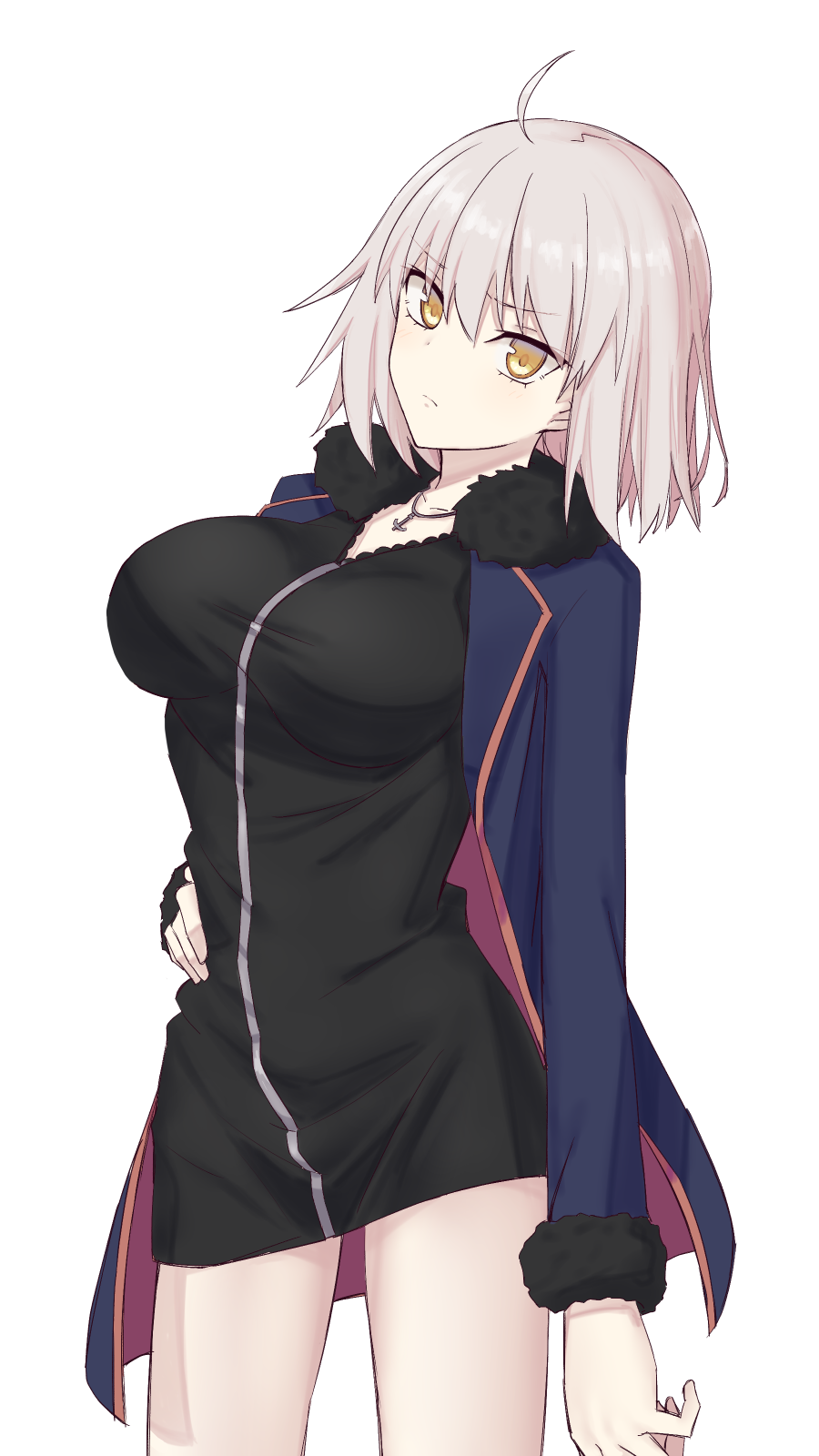 bangs black_dress breasts coat dress elfenlied22 fate/grand_order fate_(series) fur-trimmed_coat fur-trimmed_sleeves fur_trim highres jeanne_d'arc_(alter)_(fate) jeanne_d'arc_(fate)_(all) large_breasts short_hair silver_hair tsurime wicked_dragon_witch_ver._shinjuku_1999 yellow_eyes