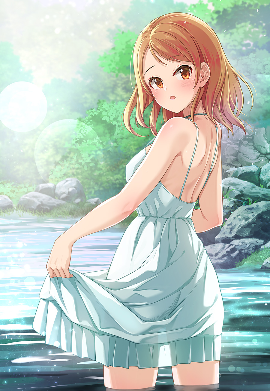 1girl back bangs blush breasts brown_eyes brown_hair commentary_request day dress eyebrows_behind_hair facing_viewer forest grass highres holding_dress houjou_karen idolmaster idolmaster_cinderella_girls kazu lens_flare medium_breasts medium_hair nature open_mouth outdoors river rock see-through sleeveless soaking_feet solo sundress swept_bangs tree water