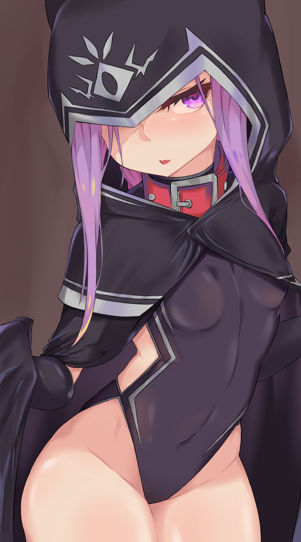 1girl black_cape black_capelet black_leotard blush cape capelet collar covered_navel fate/grand_order fate_(series) highres hood jokarara leotard long_hair medusa_(lancer)_(fate) purple_hair solo thigh_gap thigh_strap violet_eyes