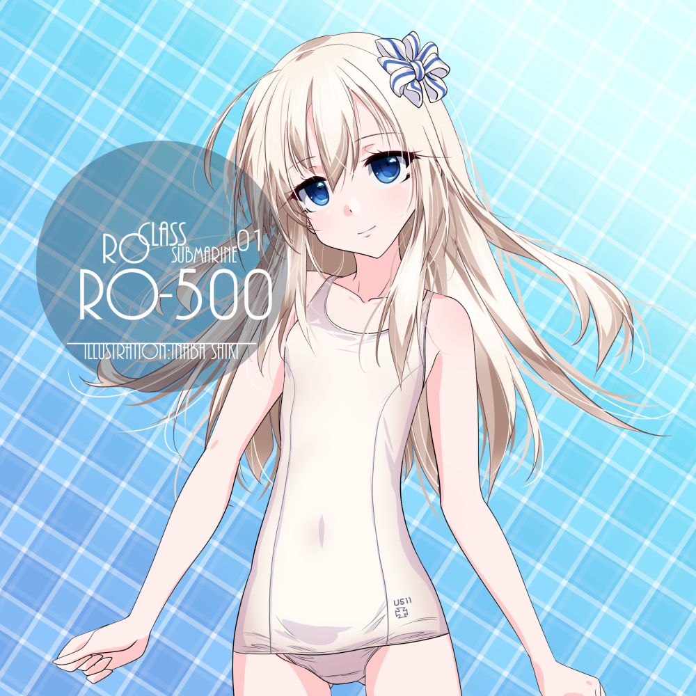 1girl artist_name ass_visible_through_thighs blonde_hair blue_background blue_eyes character_name commentary_request cowboy_shot flat_chest hair_ribbon inaba_shiki kantai_collection long_hair looking_at_viewer plaid plaid_background ribbon school_swimsuit smile solo standing swimsuit u-511_(kantai_collection) white_school_swimsuit white_swimsuit