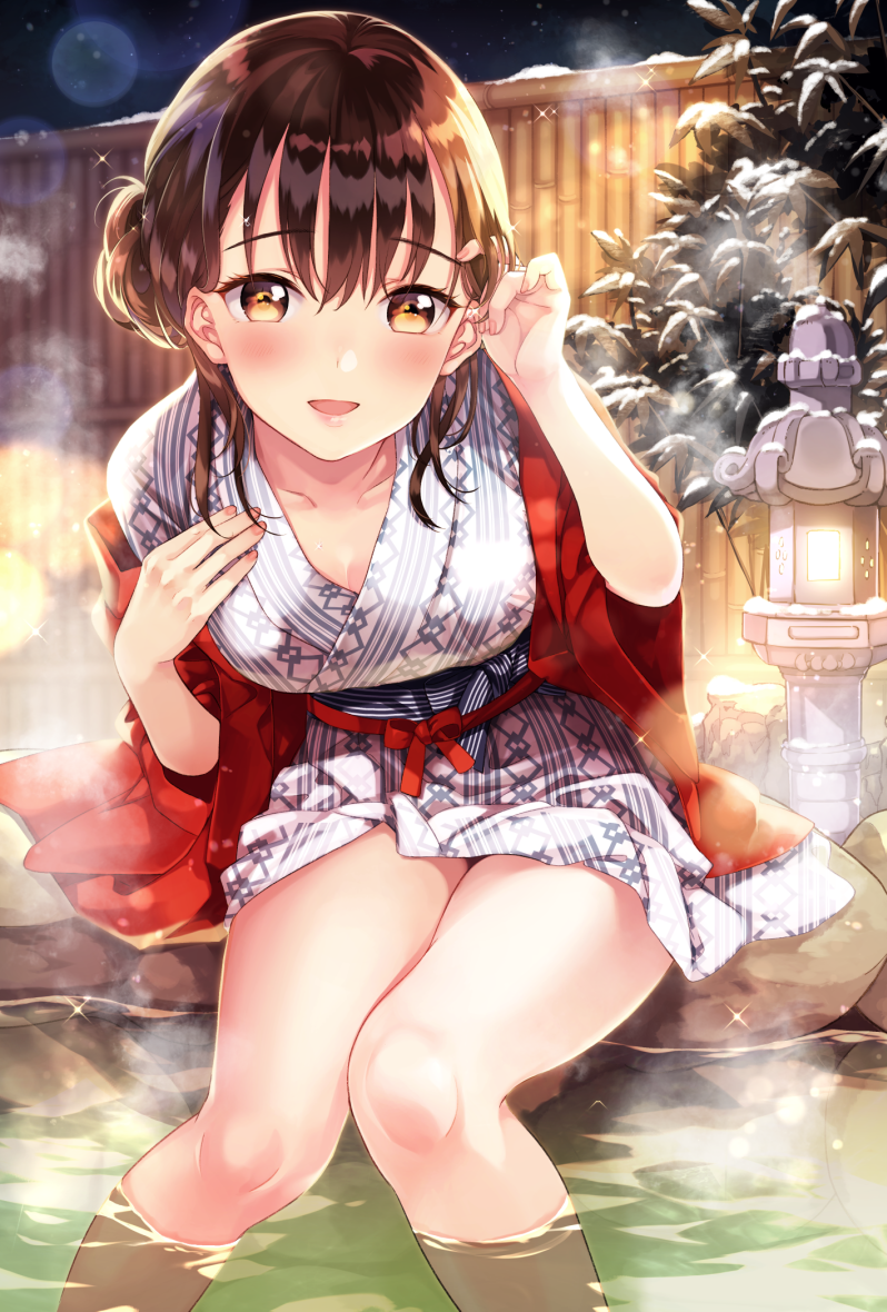 1girl :d bamboo_fence bangs blush breasts brown_eyes brown_hair collarbone commentary_request eyebrows_visible_through_hair fence hair_between_eyes hair_bun hand_in_hair hand_up japanese_clothes kimono leaning_forward matsuzaki_miyuki medium_breasts nail_polish night obi onsen open_clothes open_mouth original outdoors pink_nails sash short_sleeves sidelocks sitting smile snow soaking_feet solo striped striped_kimono vertical-striped_kimono vertical_stripes water white_kimono wide_sleeves