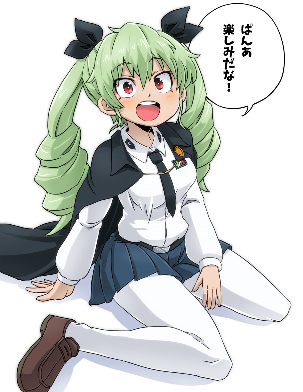 1girl anchovy anzio_school_uniform aono3 bangs belt black_belt black_cape black_neckwear black_ribbon black_skirt cape commentary_request dress_shirt drill_hair emblem eyebrows_visible_through_hair girls_und_panzer green_hair hair_ribbon highres long_hair long_sleeves looking_at_viewer miniskirt necktie open_mouth pantyhose pleated_skirt red_eyes ribbon school_uniform shadow shirt simple_background sitting skirt smile solo translated twin_drills twintails wariza white_background white_legwear white_shirt