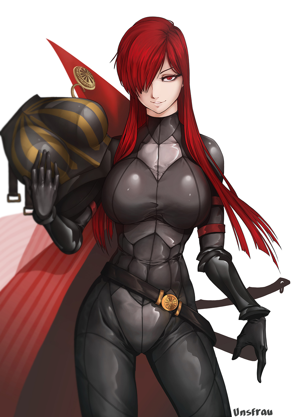 armor armor_removed black_bodysuit bodysuit boobplate breastplate breasts cape fate/grand_order fate_(series) hair_over_one_eye highres large_breasts looking_at_viewer oda_nobunaga_(fate)_(all) oda_nobunaga_(maou_avenger)_(fate) oda_uri popped_collar red_cape red_eyes redhead tight_top unsfrau