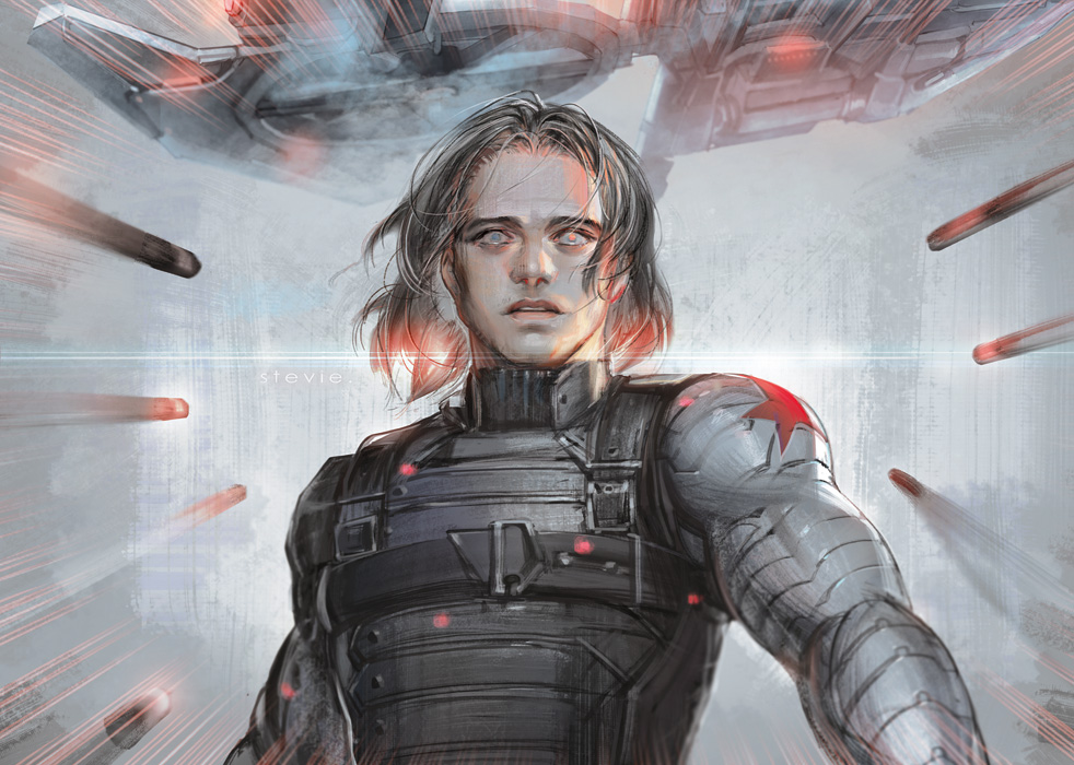 1boy brown_hair bullet cyborg helicarrier james_buchanan_barnes liduke looking_at_viewer male_focus marvel mechanical_arm motion_blur motion_lines solo surprised winter_soldier