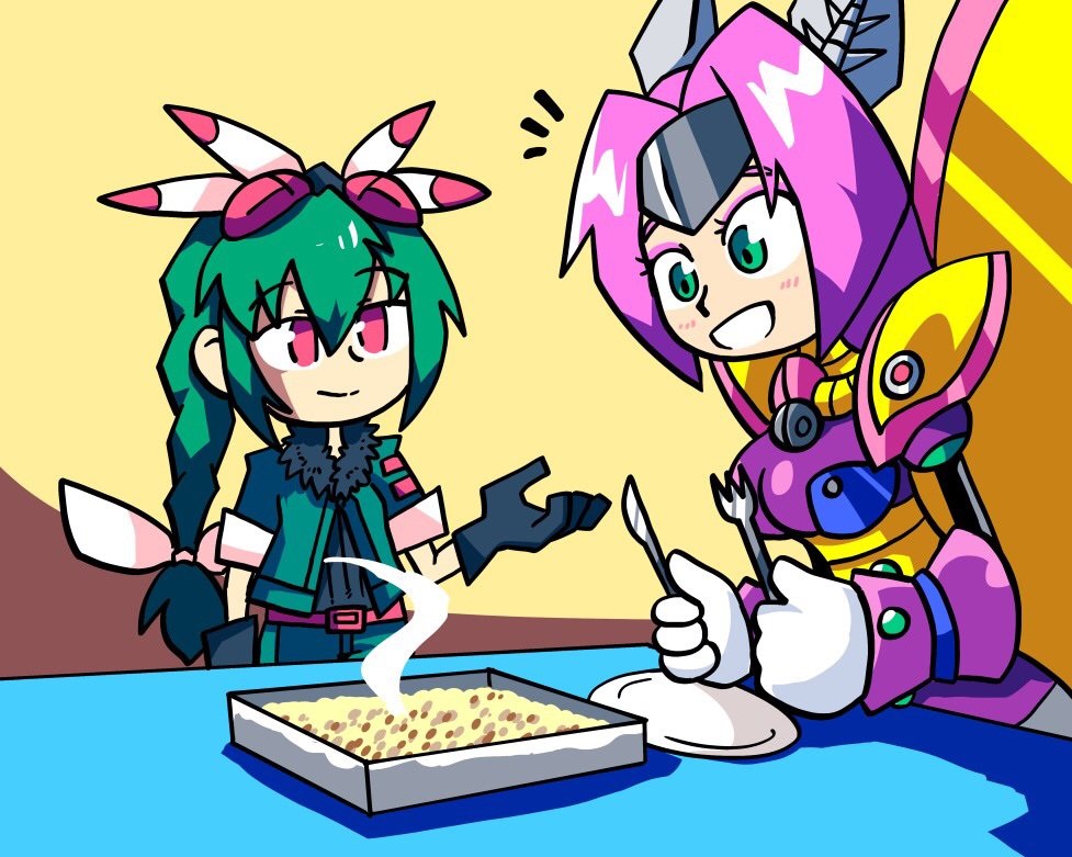 2girls braid braided_ponytail casserole excited face-to-face fork fur_collar gloves goggles goggles_on_head green_eyes green_hair hair_ornament insect_girl jacket knife long_hair mecha_musume messy_hair metamor_mothmenos moth_ears moth_girl moth_wings multiple_girls open_mouth personification pokemon pokemon_(creature) purple_hair red_eyes respirator rockman rockman_x setz smile smirk table wings yanmega