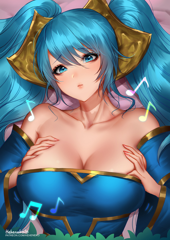 1girl bare_shoulders bed_sheet blue_eyes blue_hair blush breasts closed_mouth collarbone eyebrows_visible_through_hair hair_between_eyes heheneko league_of_legends musical_note signature solo sona_buvelle twintails