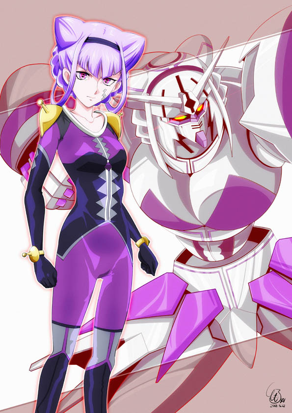 1girl 2018 black_gloves black_hairband bodysuit bracelet breasts closed_mouth collarbone dated double_bun elbow_gloves facial_mark gloves gundam hairband hugtto!_precure jewelry mecha medium_breasts mobile_trace_suit pilot_suit pink_eyes precure purple_bodysuit purple_hair ruru_amour signature solo standing tied_hair tomo5656ky