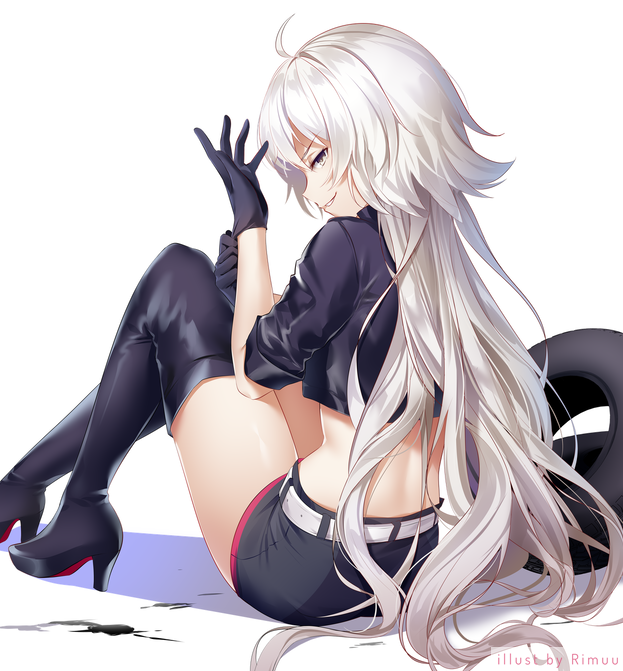 1girl adjusting_clothes adjusting_gloves ahoge artist_name back black_footwear black_gloves boots commentary commission english_commentary eyebrows_visible_through_hair fate/grand_order fate_(series) gloves hair_between_eyes jeanne_d'arc_(alter)_(fate) jeanne_d'arc_(fate)_(all) long_hair looking_at_viewer oil racequeen rimuu silver_hair simple_background sitting smile solo teeth tire very_long_hair white_background yellow_eyes