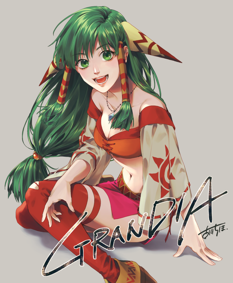 1girl feena_(grandia) grandia grandia_i green_eyes hair_ornament hair_tubes long_hair looking_at_viewer open_mouth red_legwear sitting smile solo teeth thigh-highs torn_clothes torn_legwear