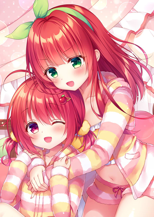 2girls :d ;d ahoge apple_hair_ornament bangs blush collarbone commentary_request crop_top eyebrows_visible_through_hair food_themed_hair_ornament frills green_eyes green_ribbon hair_between_eyes hair_ornament hair_ribbon hairclip hands_up hug hug_from_behind jacket long_hair long_sleeves low_twintails mitsuba_choco multiple_girls navel one_eye_closed open_clothes open_jacket open_mouth original redhead ribbon short_shorts shorts sleeves_past_wrists smile striped striped_jacket striped_shorts twintails violet_eyes