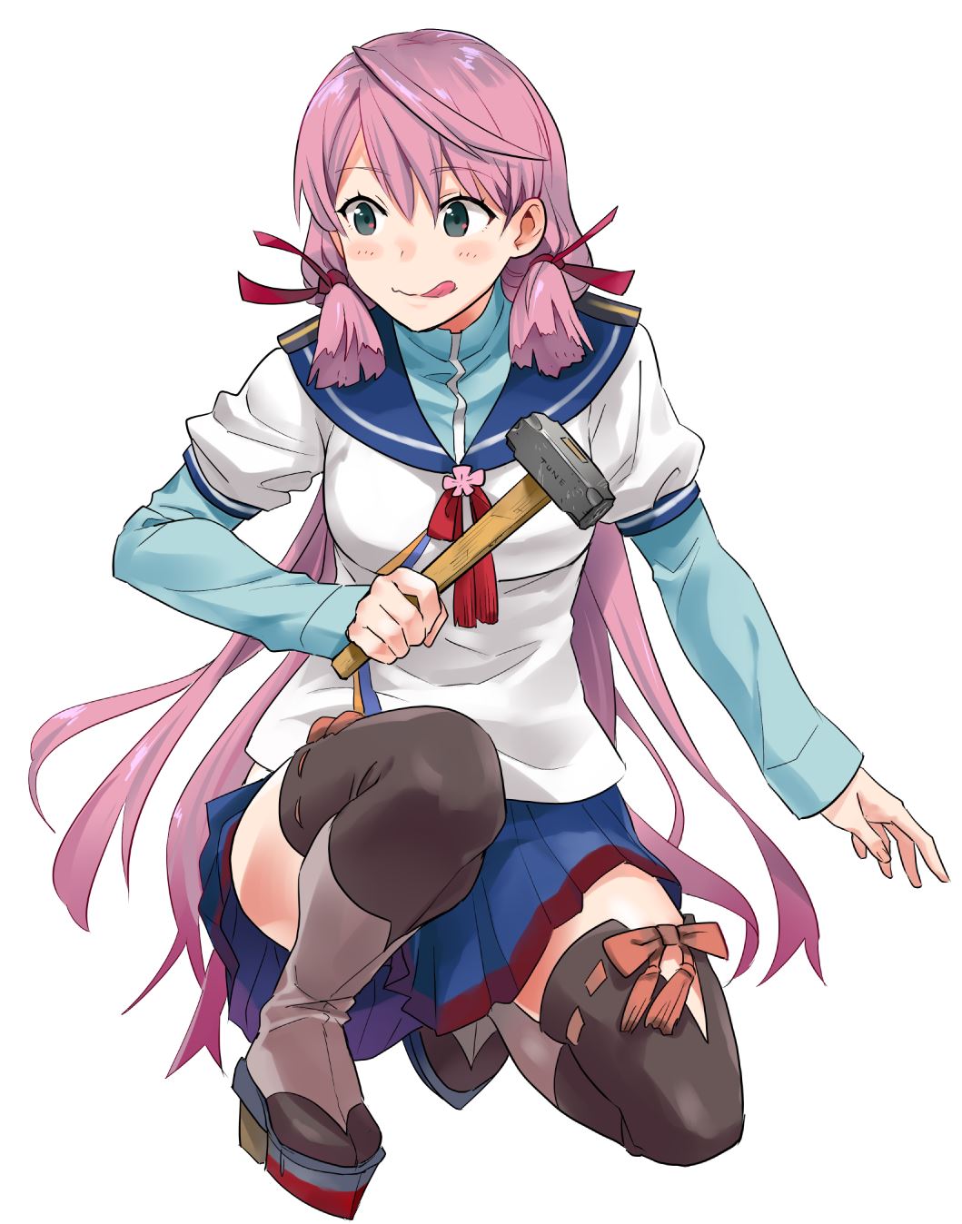 1girl akashi_(kantai_collection) blue_sailor_collar blue_skirt brown_legwear commentary_request full_body green_eyes hair_ribbon hammer highres hip_vent kantai_collection long_hair long_sleeves looking_to_the_side pink_hair pleated_skirt ribbon sailor_collar school_uniform serafuku simple_background skirt solo squatting thigh-highs tongue tongue_out tress_ribbon tsuneo_(kaijou_noumu) white_background