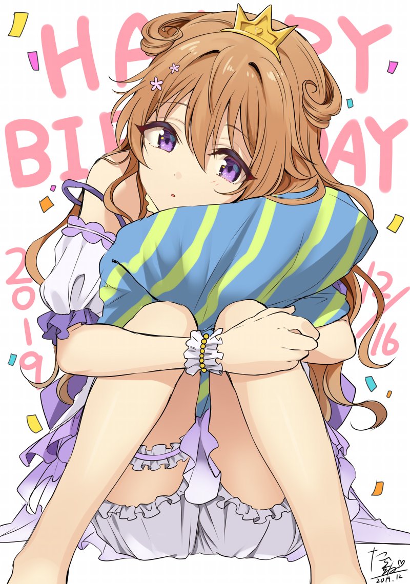 1girl bangs birthday crown curly_hair dated dress eyebrows_visible_through_hair full_body hair_between_eyes happy_birthday konoe_kanata long_hair looking_at_viewer love_live! love_live!_school_idol_festival_all_stars mini_crown object_hug open_mouth orange_hair pillow pillow_hug purple_dress signature sitting solo tarachine violet_eyes white_background