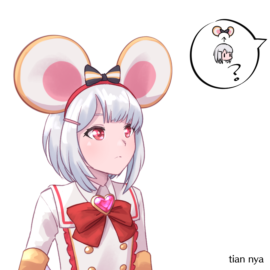 1girl animal_ears bangs bow collared_shirt granblue_fantasy hair_bow hair_ornament hairclip hand_up headwear_removed heart long_hair long_sleeves mouse_ears red_bow red_eyes shirt silver_hair simple_background sleeves_past_wrists speech_bubble tian_nya vikala_(granblue_fantasy) white_background white_shirt