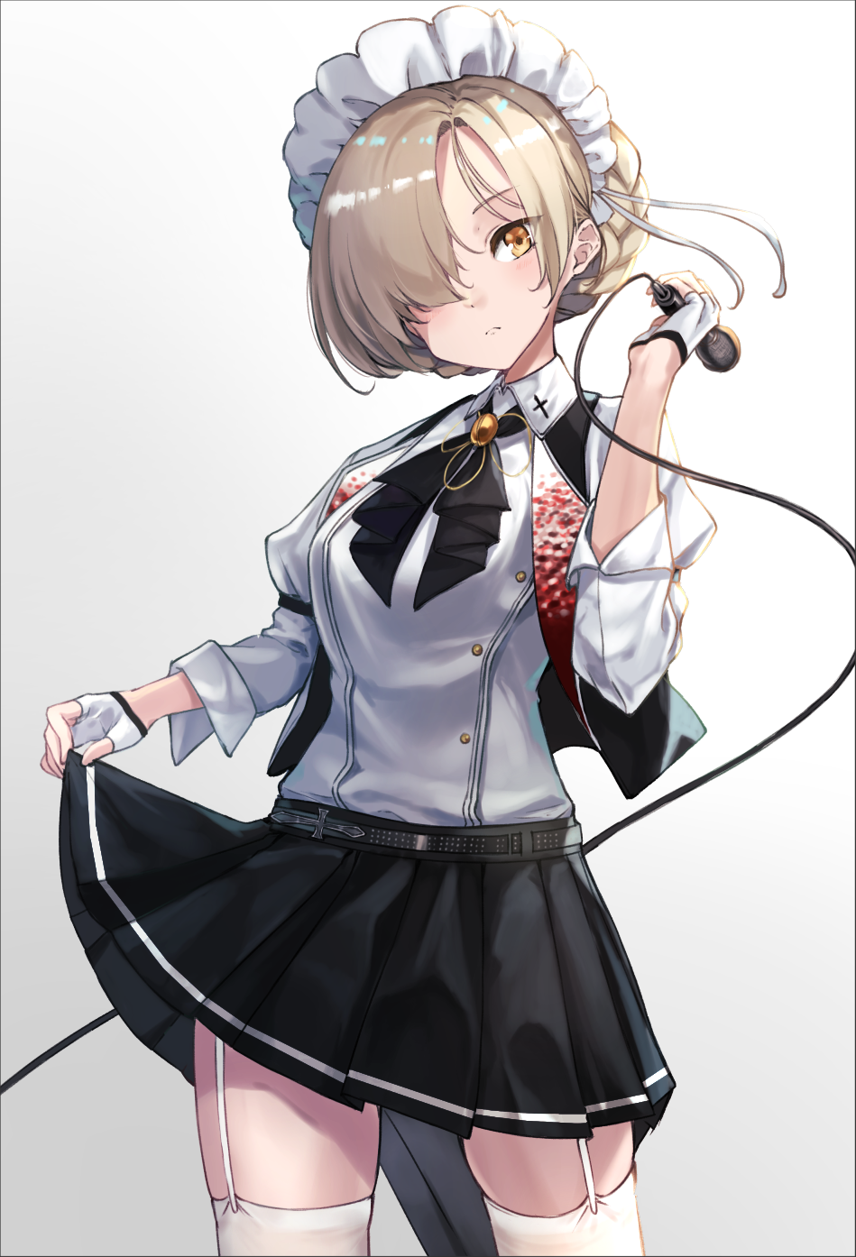 1girl azur_lane bangs belt black_neckwear black_skirt braid cable closed_mouth collared_shirt commentary_request cowboy_shot fingerless_gloves french_braid frown garter_straps gloves grey_background hair_over_one_eye head_tilt highres holding holding_microphone looking_at_viewer maid_headdress microphone neckerchief platinum_blonde_hair pleated_skirt sheffield_(azur_lane) sheffield_(muse)_(azur_lane) shirt simple_background skirt skirt_lift solo standing swept_bangs thigh-highs white_gloves white_legwear white_shirt yellow_eyes yu_ni_t