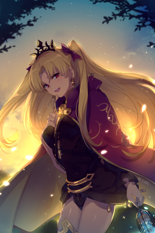 1girl birdcage blonde_hair blush bow breasts cage cape character_doll cis05 commentary_request crown doll earrings ereshkigal_(fate/grand_order) eyebrows_visible_through_hair fate/grand_order fate_(series) gilgamesh gilgamesh_(caster)_(fate) hair_between_eyes hair_bow hair_ornament holding holding_cage jewelry long_hair looking_at_viewer medium_breasts open_mouth red_bow red_cape red_eyes skull smile solo spine twintails twitter_username