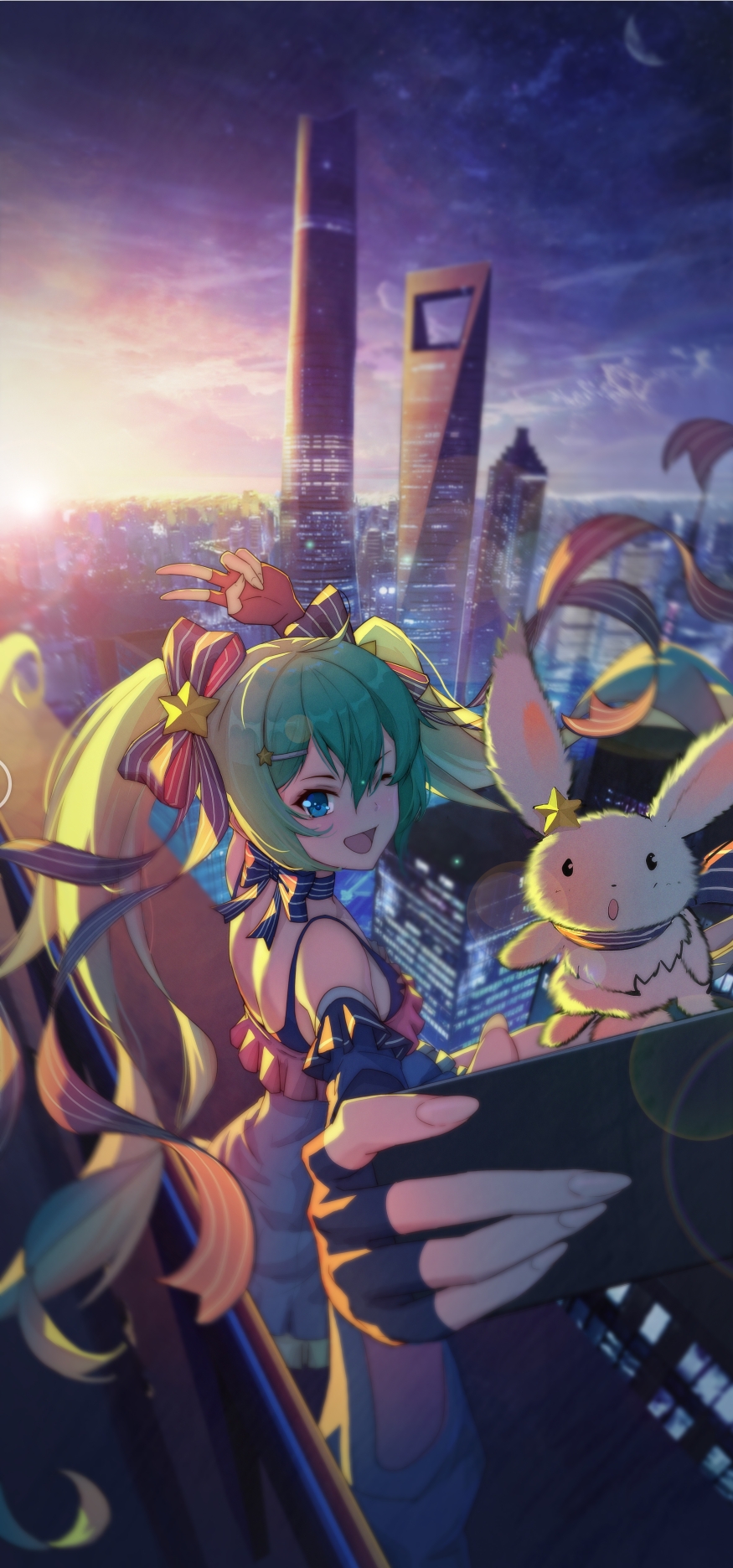 1girl ;d aqua_hair backlighting blue_dress blue_eyes blue_ribbon blurry blurry_background blurry_foreground building camera city cityscape crescent_moon depth_of_field detached_sleeves dress fingerless_gloves foreshortening frilled_dress frilled_sleeves frills gloves hair_ornament hair_ribbon hairclip hand_up hatsune_miku highres holding holding_camera lens_flare long_hair looking_at_viewer looking_to_the_side moon neck_ribbon night night_sky one_eye_closed open_mouth rabbit rabbit_yukine ribbon scenery self_shot sky skyscraper smile spaghetti_strap star star_hair_ornament striped striped_ribbon sun sunset twintails v very_long_hair vocaloid wubaiye_zhu yuki_miku_(2017)