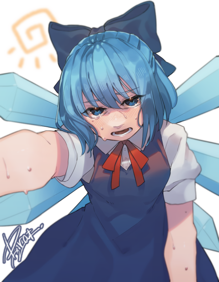 1girl blue_bow blue_dress blue_eyes blue_hair blush bow buttons cirno commentary_request detached_wings dress eyebrows_visible_through_hair hair_bow hot ice ice_wings looking_at_viewer neck_ribbon open_mouth prat_rat reaching_out red_neckwear ribbon shirt short_hair short_sleeves signature simple_background sleeveless sleeveless_dress solo sun_(symbol) sweat swirl touhou white_background white_shirt wings