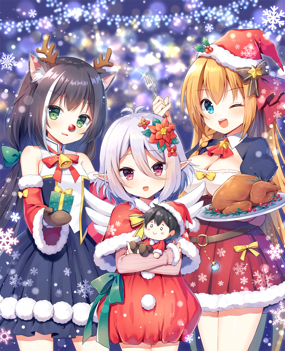 3girls :d antenna_hair antlers bare_shoulders black_hair black_skirt blue_eyes blurry blurry_background blush box brown_mittens capelet character_doll commentary_request depth_of_field detached_sleeves dress fake_wings flower fur-trimmed_capelet fur-trimmed_hat fur-trimmed_skirt fur-trimmed_sleeves fur_trim gift gift_box green_eyes hair_flower hair_ornament hat highres holding holding_gift kokkoro_(princess_connect!) kyaru_(princess_connect) long_hair long_sleeves low_twintails mauve mittens multicolored_hair multiple_girls open_mouth orange_hair pecorine princess_connect! princess_connect!_re:dive red_capelet red_dress red_eyes red_flower red_headwear red_nose red_ribbon red_skirt red_sleeves reindeer_antlers ribbon santa_hat shirt silver_hair skirt sleeveless sleeveless_shirt sleeves_past_wrists smile snowflakes streaked_hair twintails very_long_hair white_hair white_shirt white_wings wide_sleeves wings yuuki_(princess_connect)