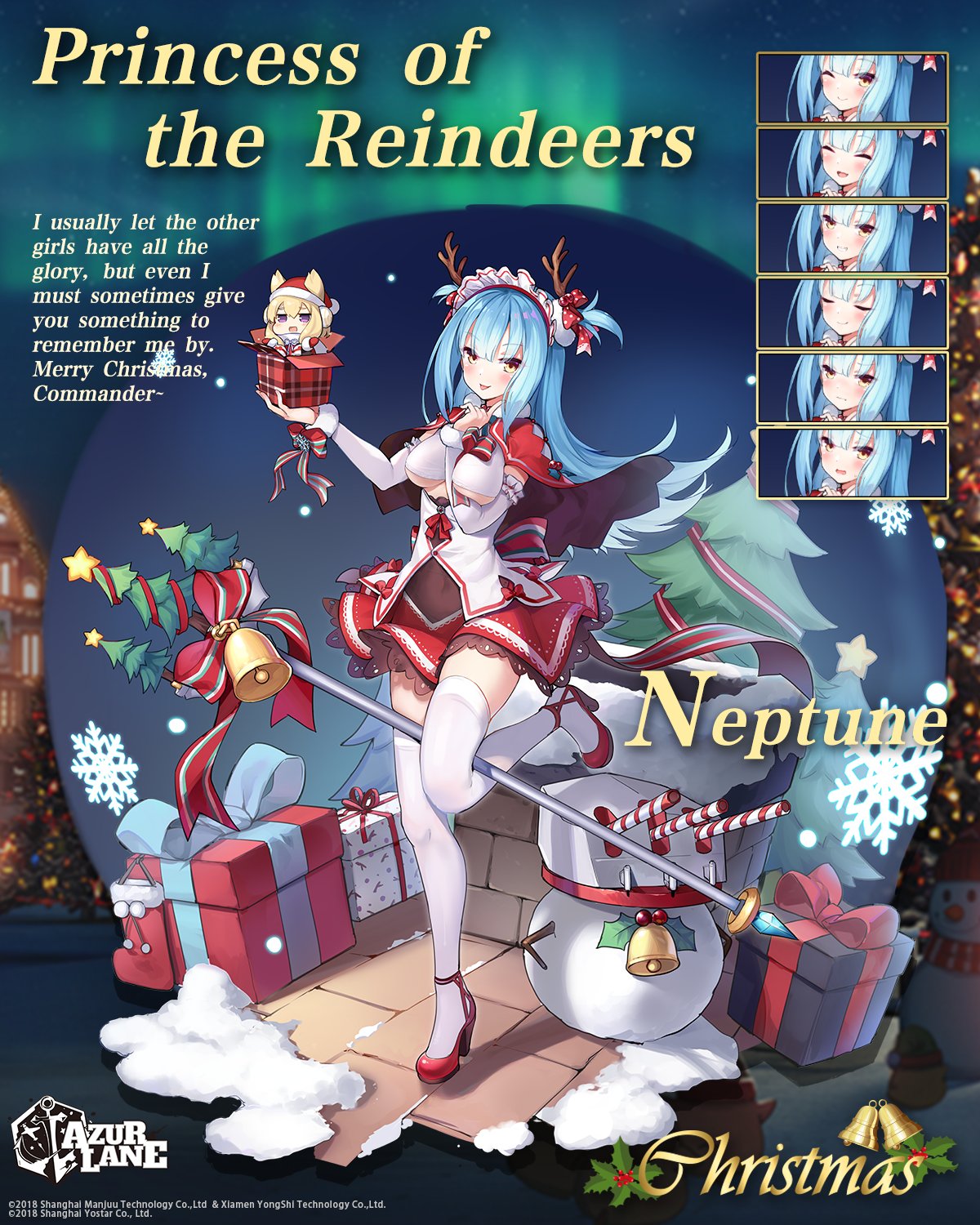 2girls antlers azur_lane blue_hair blush breasts capelet chibi copyright_name detached_sleeves english_commentary english_text expressions hair_ears headgear highres kaede_(003591163) medium_breasts multiple_girls neptune_(azur_lane) neptune_(princess_of_the_reindeers)_(azur_lane) official_art polearm red_capelet red_skirt reindeer_antlers scarf skirt thigh-highs tongue tongue_out trident two_side_up under_boob warspite_(azur_lane) weapon white_legwear white_scarf white_sleeves