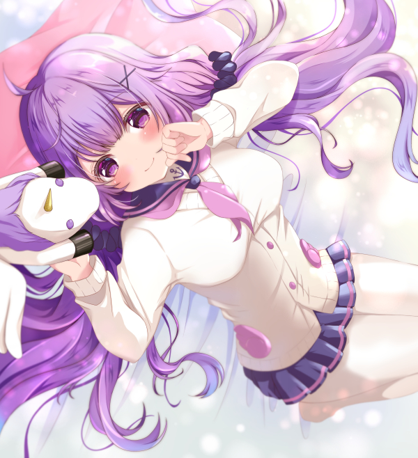 1girl ahoge azur_lane bangs bed blue_sailor_collar blush breasts buttons cardigan closed_mouth commentary_request hair_ornament long_sleeves looking_at_viewer lying medium_breasts neckerchief on_back on_bed pantyhose purple_hair purple_neckwear purple_skirt sailor_collar sakura_(ichisakupink) skirt smile solo stuffed_unicorn twintails unicorn_(amusement_park_date)_(azur_lane) unicorn_(azur_lane) violet_eyes white_cardigan white_legwear x_hair_ornament