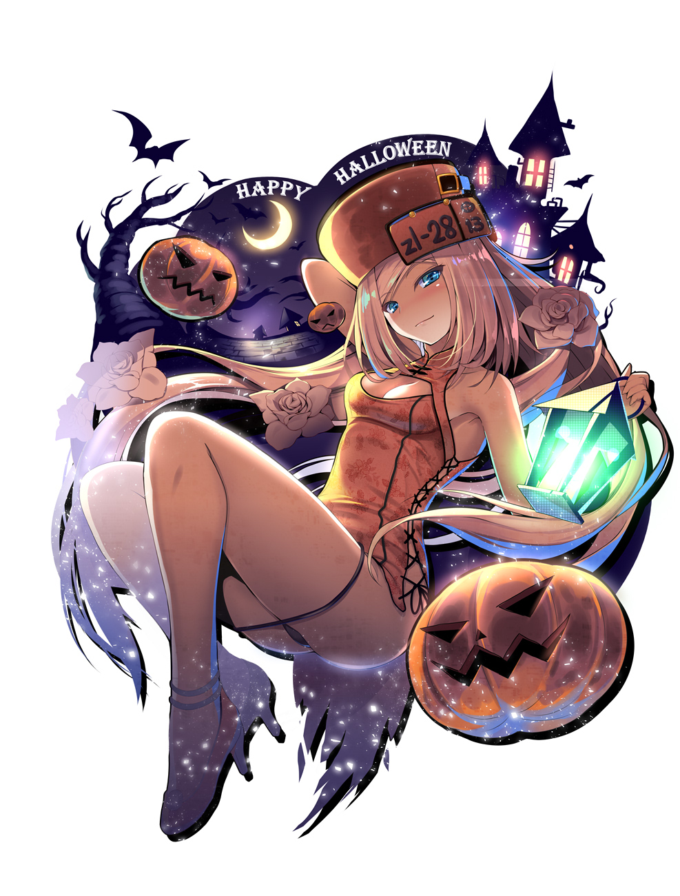 1girl armpits ass blonde_hair blue_eyes blush breasts china_dress chinese_clothes closed_mouth dress fingerless_gloves full_body gloves guilty_gear guilty_gear_xrd halloween hat highres jack-o'-lantern long_hair looking_at_viewer migumigu millia_rage orange_headwear panties prehensile_hair sleeveless sleeveless_dress small_breasts smile solo thighs underwear very_long_hair